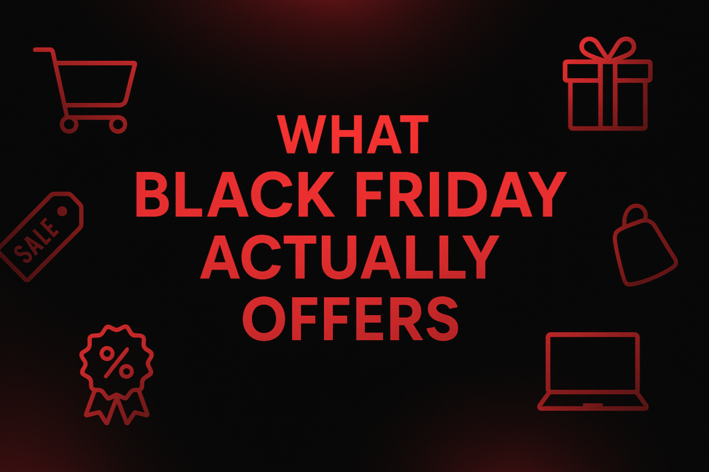 Black Friday blog banner with a black background and bold red accents, featuring the headline “What Black Friday Actually Offers” in large modern typography, surrounded by minimal red line icons including a shopping cart, sale tag, gift box, discount badge, shopping bag, and laptop.