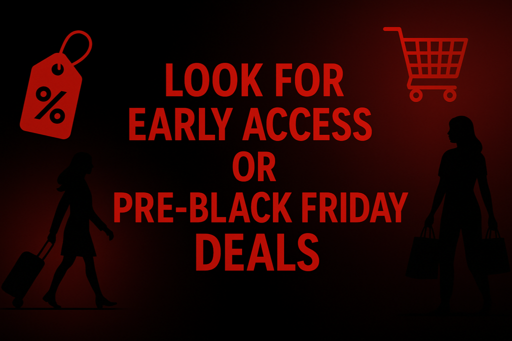 Horizontal black and red Black Friday banner featuring silhouettes of shoppers, a shopping cart icon, and a discount tag, with the central text “Look for Early Access or Pre-Black Friday Deals” displayed in bold red lettering on a dark gradient background.