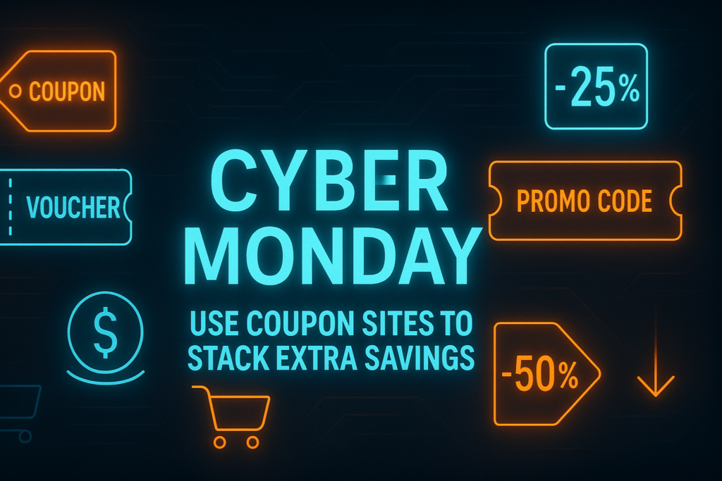 Wide Cyber Monday banner with a dark futuristic background and neon blue–orange gradients. The image displays glowing coupon tags, voucher icons, promo code tickets, cashback symbols, discount percentages, shopping cart graphics, and price-drop arrows. The center features the text “Cyber Monday” and “Use Coupon Sites to Stack Extra Savings” in bright neon lettering.