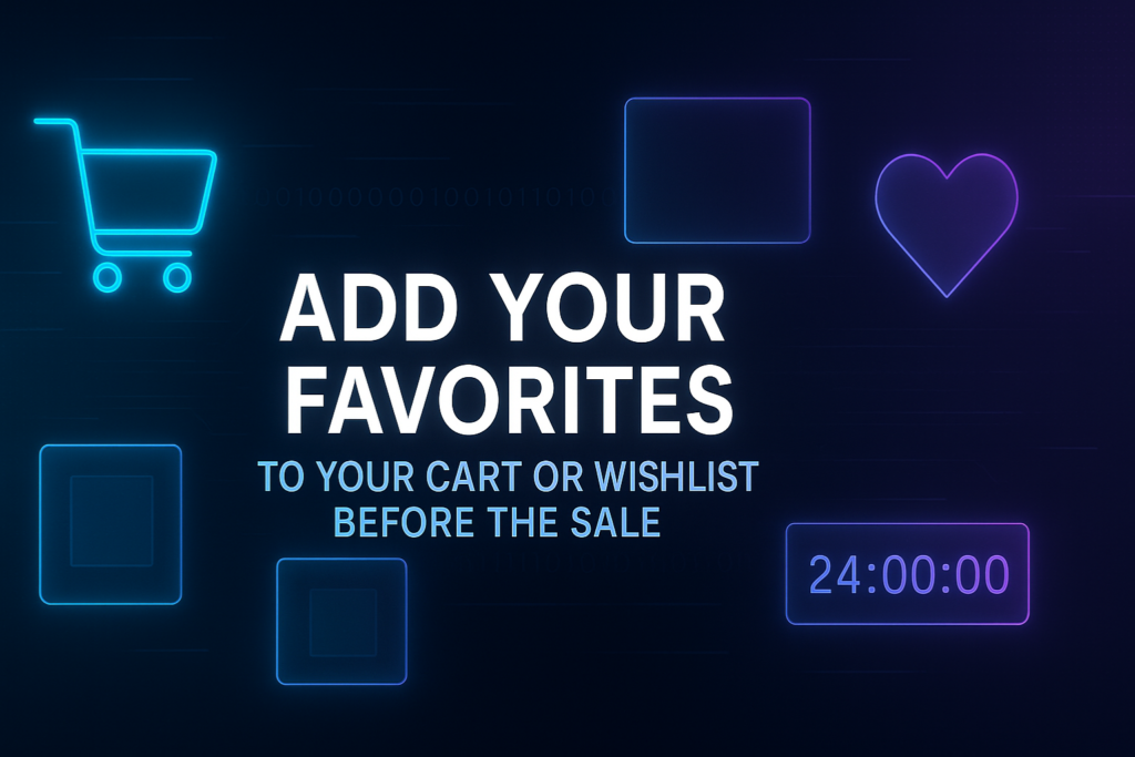 Wide Cyber Monday banner with a dark, futuristic background and neon blue–purple glow. Features a shopping cart icon, heart wishlist icon, product placeholder boxes, and a countdown timer. Center text reads “Add Your Favorites to Your Cart or Wishlist Before the Sale,” designed in a clean, modern, tech-inspired layout.