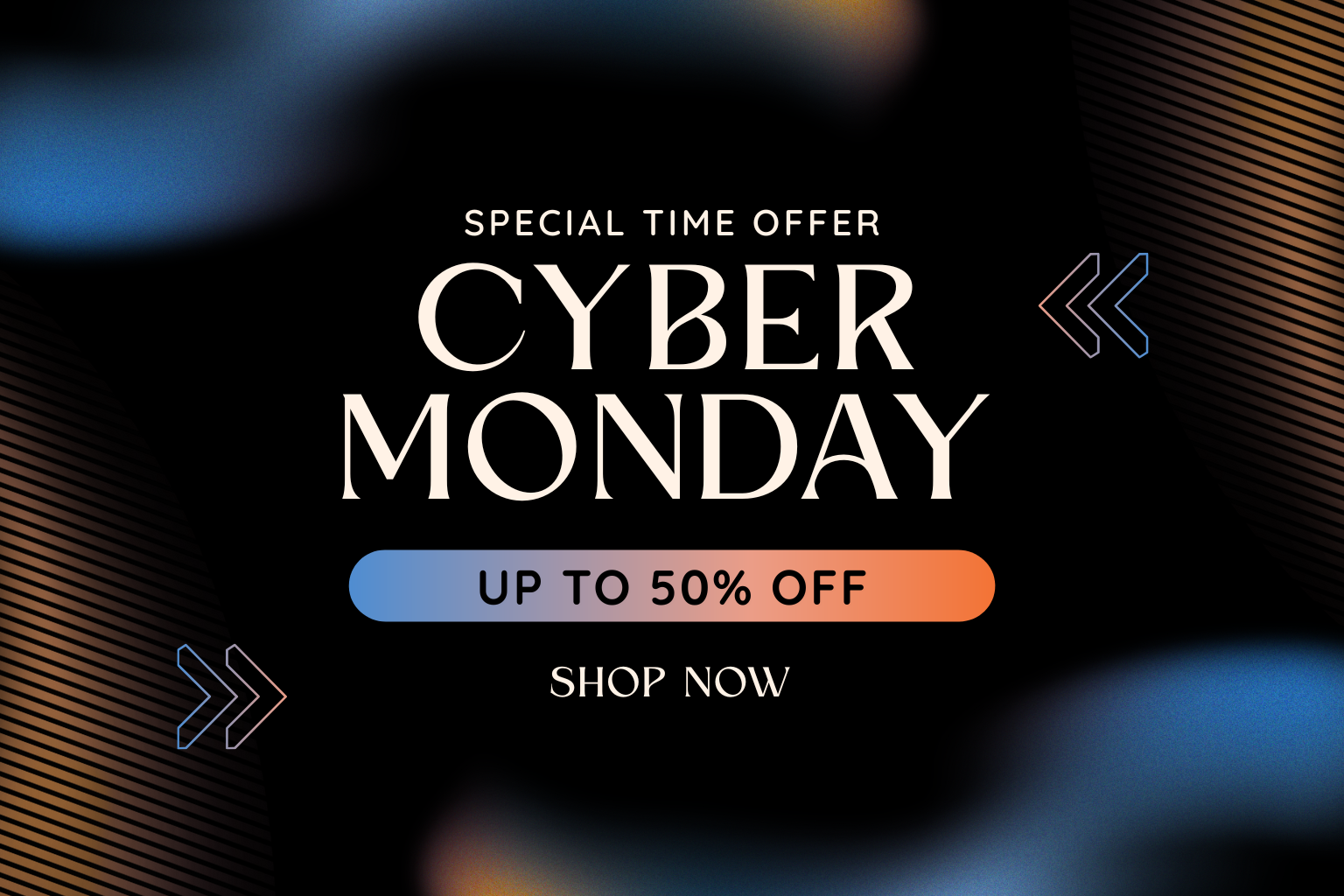 “Cyber Monday sale banner with dark futuristic background, gradient blue-to-orange discount bar showing up to 50% off, and call-to-action text ‘Shop Now’.”