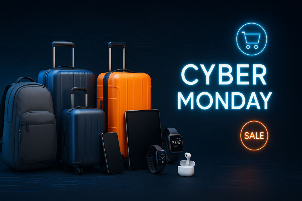 Horizontal Cyber Monday banner featuring travel luggage, backpacks, smartphones, tablets, smartwatches, and earbuds on a sleek dark background with neon blue and orange highlights and glowing sale icons.