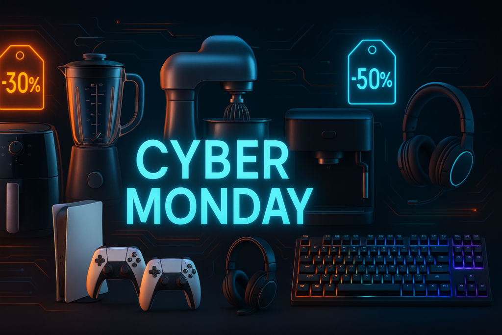 Wide Cyber Monday banner showing kitchen appliances like an air fryer, blender, mixer, and coffee machine alongside gaming products such as a console, controllers, headset, and RGB keyboard. The design features a dark futuristic background with neon blue and orange lighting, digital patterns, and glowing discount tags.