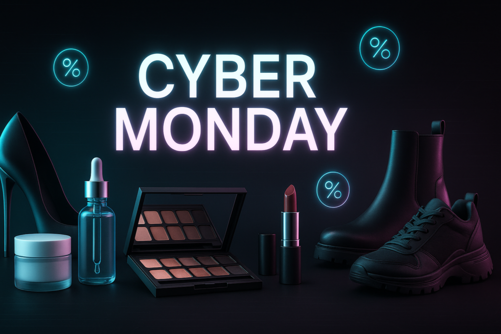 Horizontal Cyber Monday banner with neon blue and pink lighting featuring beauty and skincare products like serums, creams, makeup palette, and lipstick, alongside stylish footwear including heels, boots, and sneakers on a sleek black background with glowing digital sale icons.