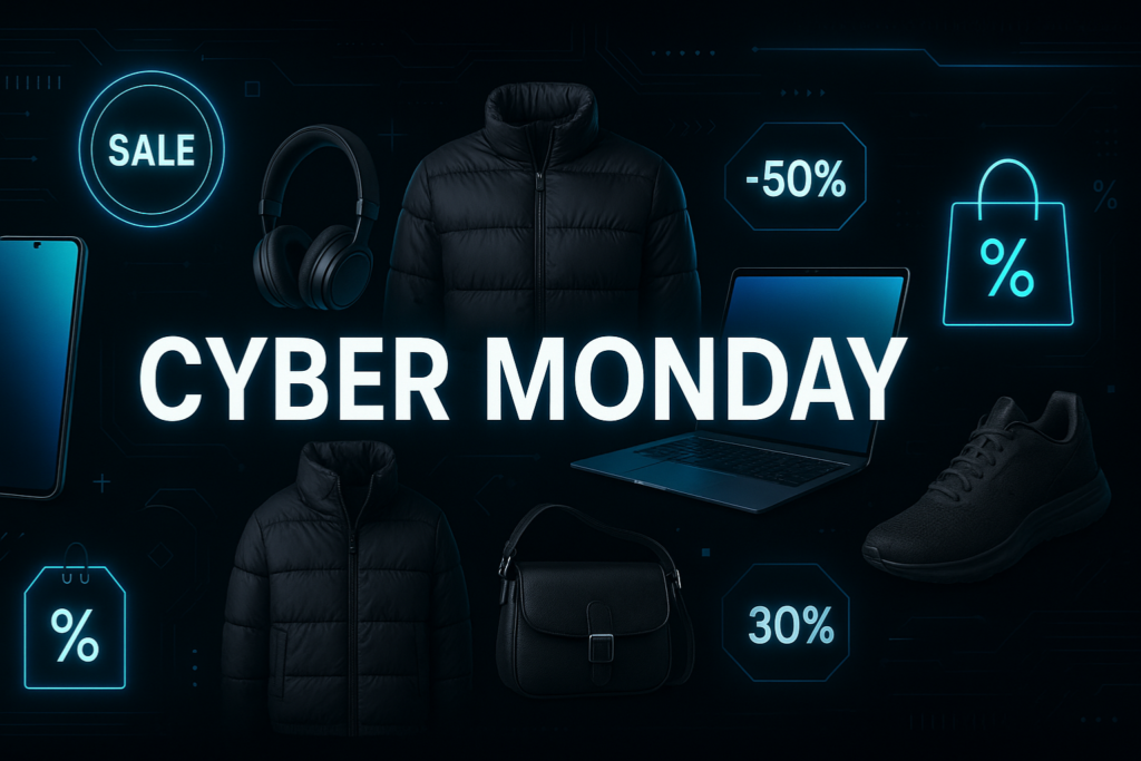 Horizontal Cyber Monday banner with a black and neon-blue theme, featuring electronics like a smartphone, laptop, and headphones along with fashion items such as jackets, shoes, and a handbag. Includes glowing digital sale icons, discount tags, and futuristic tech patterns around the main “Cyber Monday” headline.