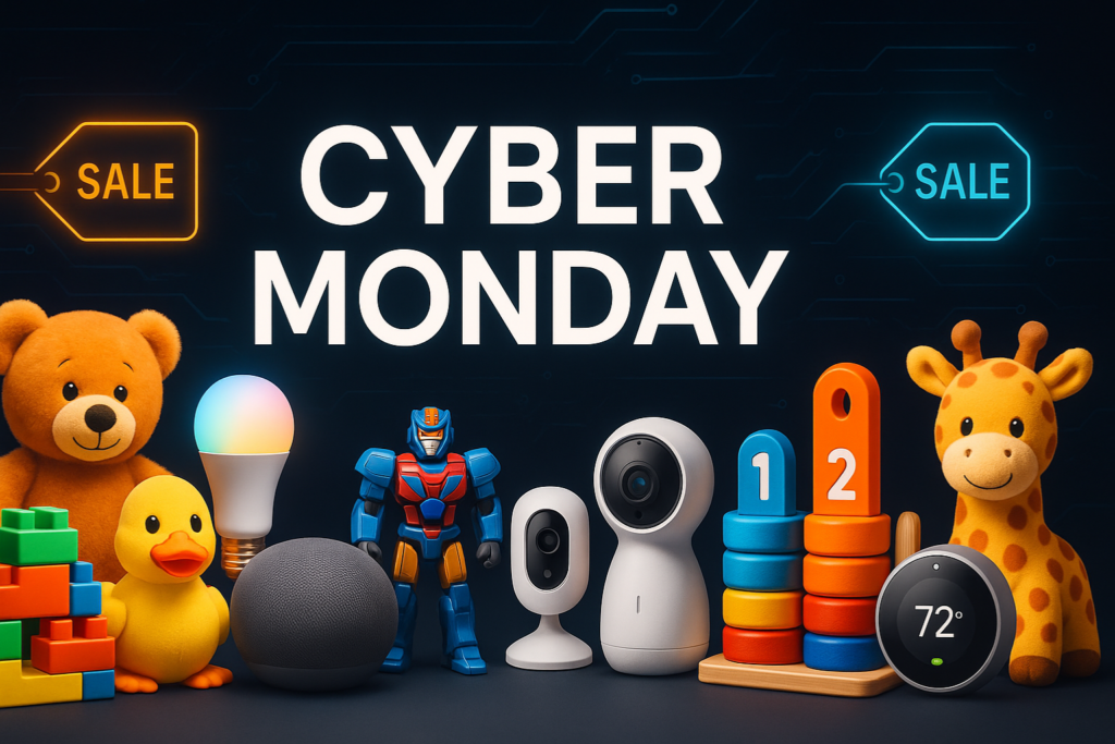 Horizontal Cyber Monday banner with plush toys, building blocks, action figures, educational toys, and smart home devices like smart speakers, smart bulbs, security cameras, and a smart thermostat on a dark neon-lit background with glowing sale tags.