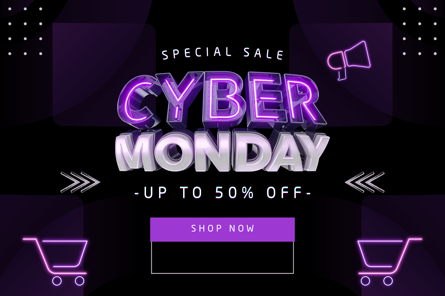 “Cyber Monday special sale banner with neon purple 3D text, glowing shopping cart icons, megaphone graphic, and up to 50% off highlighted on a dark futuristic background.”