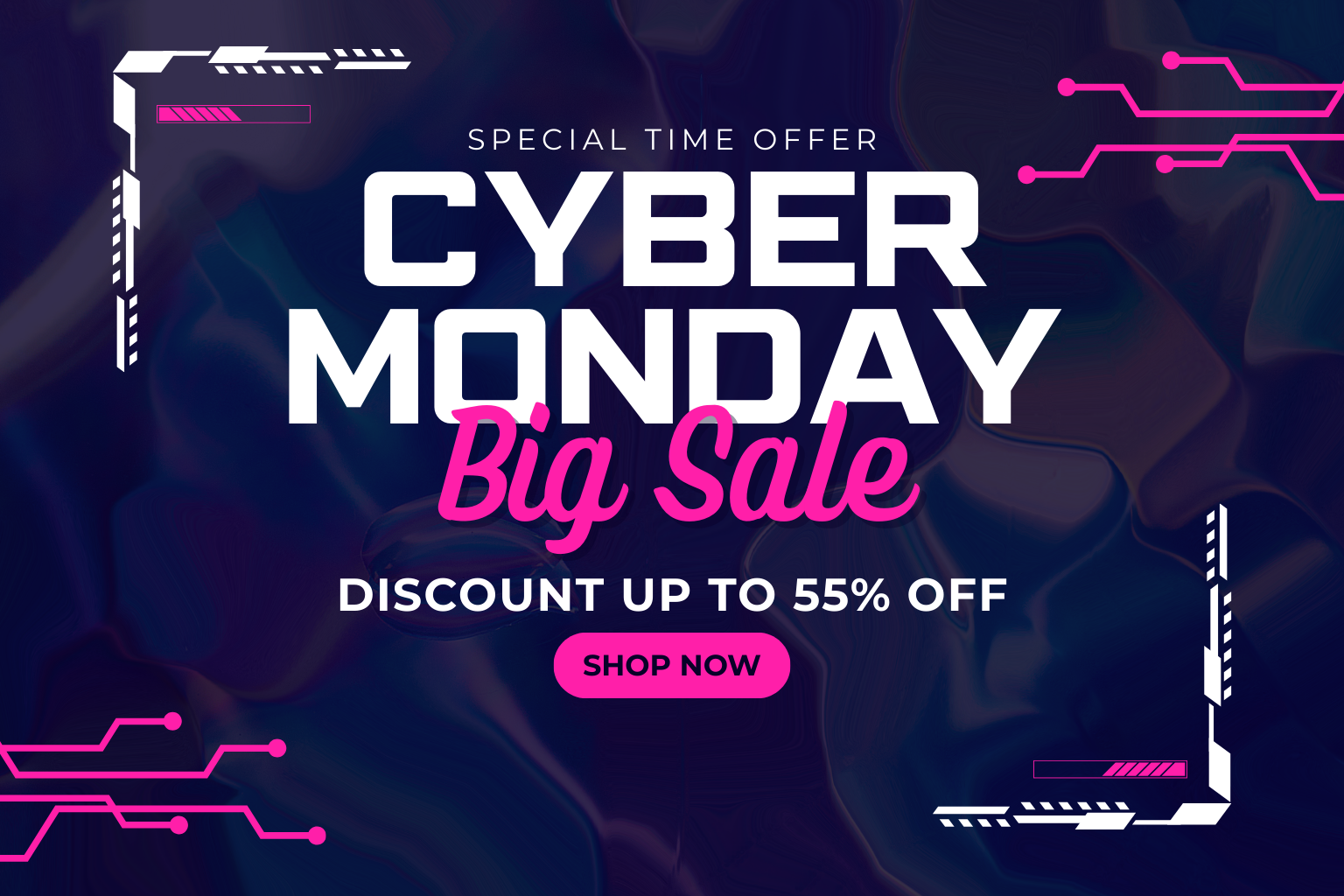 “Cyber Monday big sale banner with neon pink and white text, futuristic circuit-style graphics, and a ‘Shop Now’ button on a dark abstract background highlighting discount up to 55%.”