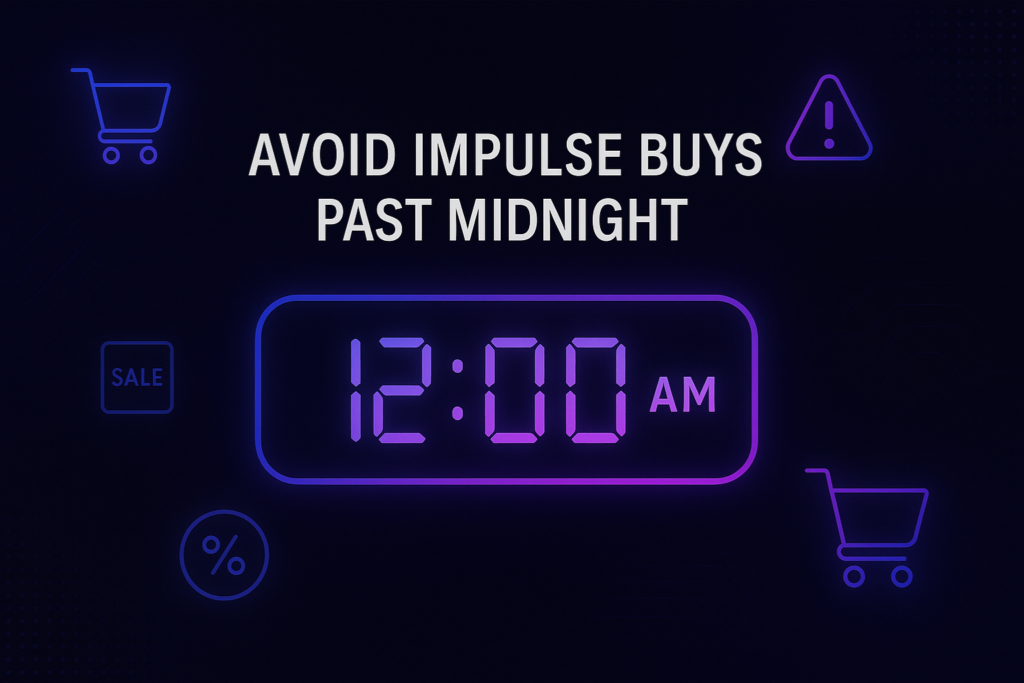 Wide horizontal Cyber Monday banner with a dark midnight background in deep navy and black tones, featuring neon purple and blue highlights. The image shows a glowing digital clock reading 12:00 AM and bold headline text saying “Avoid Impulse Buys Past Midnight,” surrounded by futuristic icons including shopping carts, a warning symbol, a sale tag, and a percentage sign.