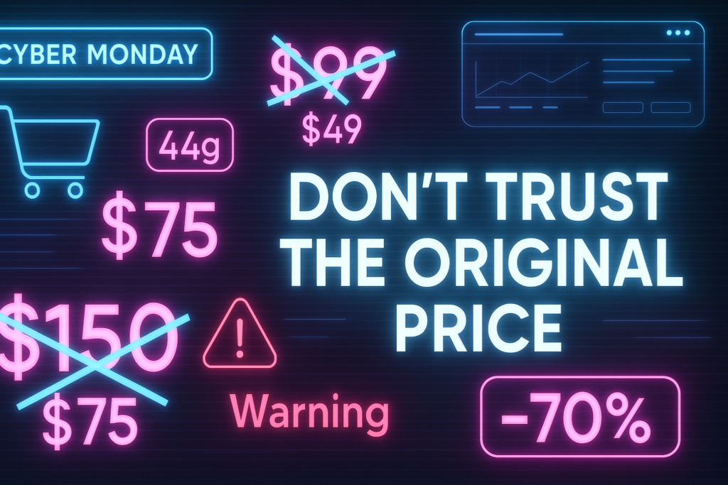 A dark futuristic Cyber Monday banner with neon blue and pink accents showing crossed-out inflated prices, manipulated price tags, sale percentages, warning icons, and digital shopping elements, with the headline “Don’t Trust the Original Price.”