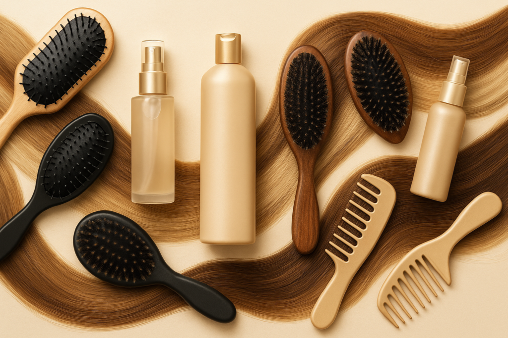 “Wide horizontal banner displaying luxury hair brushes, boar bristle brushes, detangling combs, and premium hair-care products arranged alongside silky human hair strands in blonde, brunette, caramel, and balayage tones on a clean, modern beige background.”
