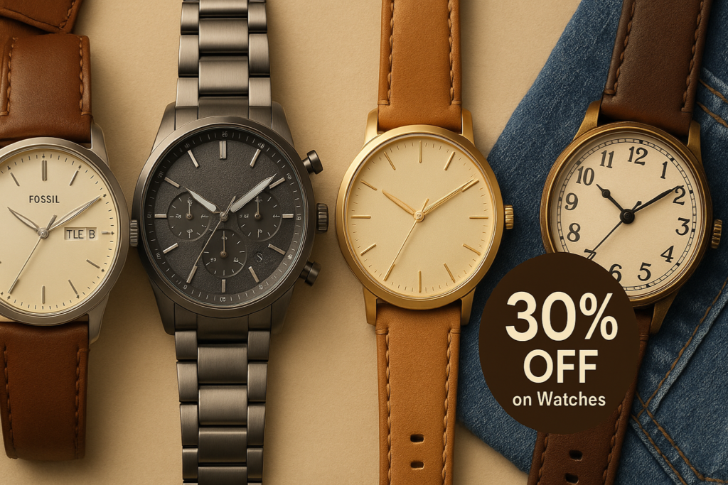Horizontal Fossil-inspired banner showing stylish wristwatches such as leather-strap, stainless steel, minimalist, and vintage designs, with warm earthy tones, lifestyle elements, and a bold “30% OFF on Watches” call-to-action badge.