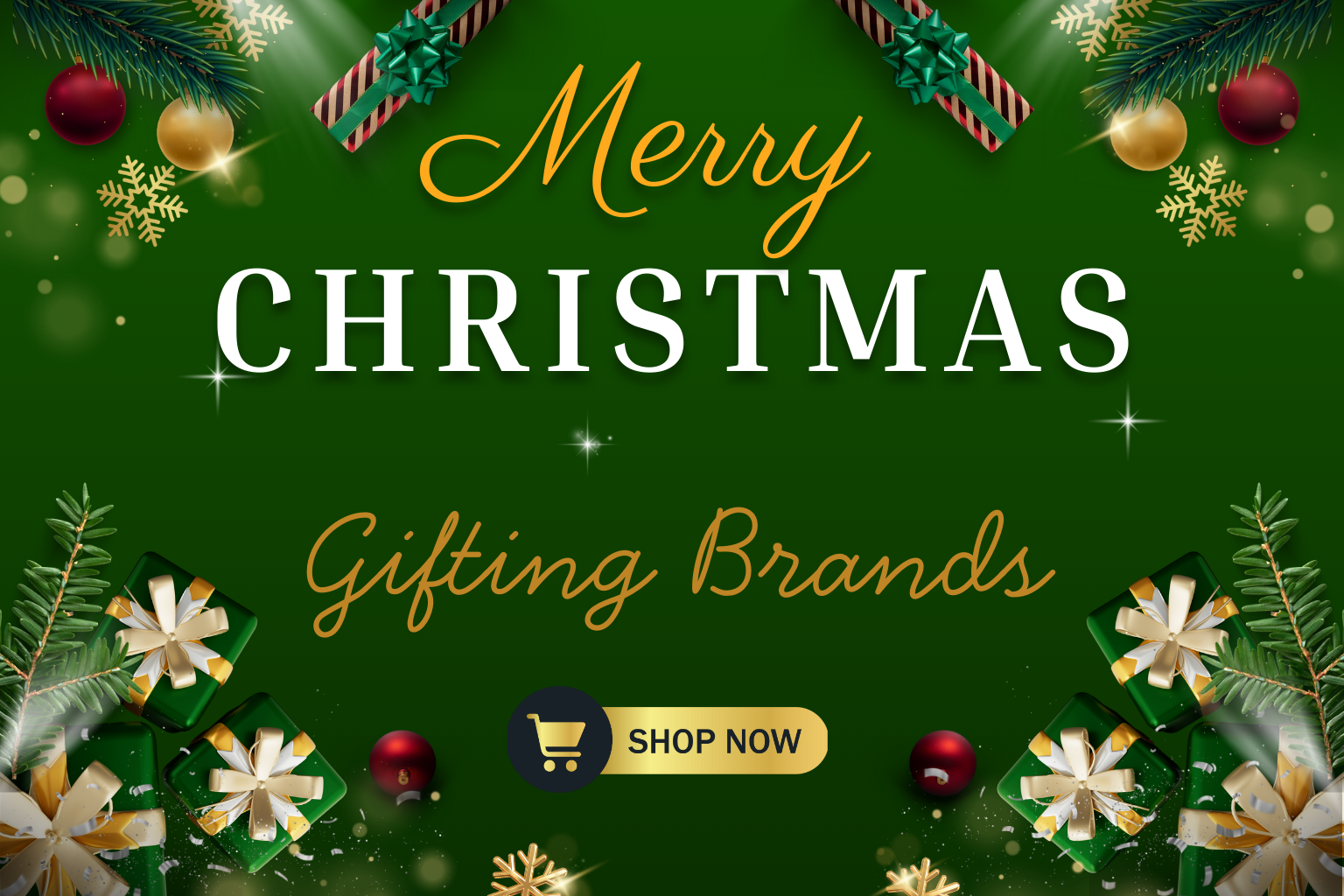 Merry Christmas gifting brands banner with festive decorations and gift boxes