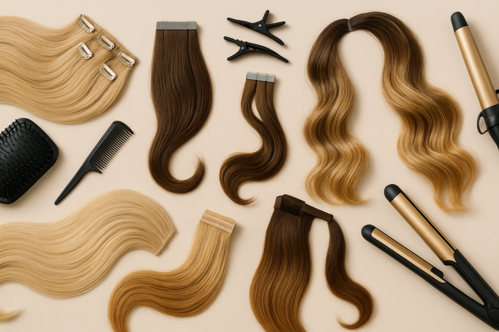 Wide horizontal banner displaying various real human hair extensions—including clip-ins, tape-ins, wefts, halo extensions, and ponytails—in blonde, brunette, balayage, and ombré shades, arranged with styling tools such as a comb, brush, sectioning clips, curling iron, and straightener on a soft beige background.