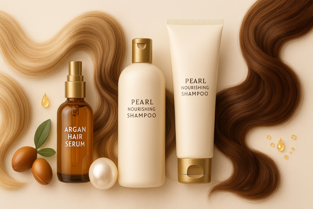 "Premium haircare banner with argan hair serum, pearl nourishing shampoo, conditioner bottles, and flowing silky blonde, brunette, and caramel hair strands surrounded by pearls, argan fruits, and oil droplets on a soft cream background."