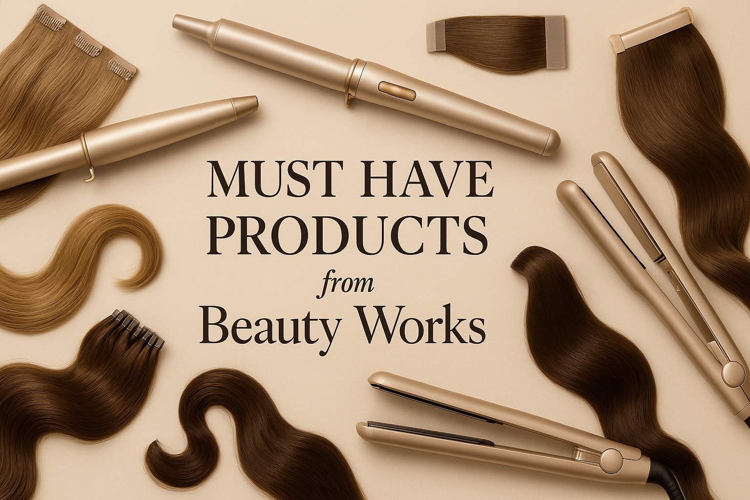 Wide horizontal banner displaying “Must Have Products from Beauty Works” surrounded by premium real human hair extensions in various types and shades, along with luxury styling tools like curling wands, straighteners, and wave creators on a neutral beige background.