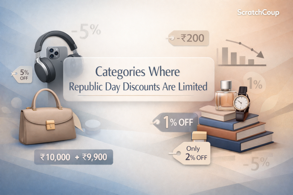 “Illustration showing limited Republic Day discounts across categories like premium electronics, luxury fashion, books, and niche products, with small discount tags and muted pricing visuals, branded by ScratchCoup.”