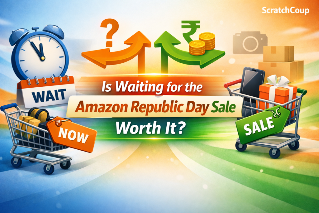 Comparison illustration showing whether to wait for the Amazon Republic Day Sale, with shopping carts labeled “Now” vs “Sale,” a clock symbolizing waiting, discount tags, and subtle Indian tricolor accents