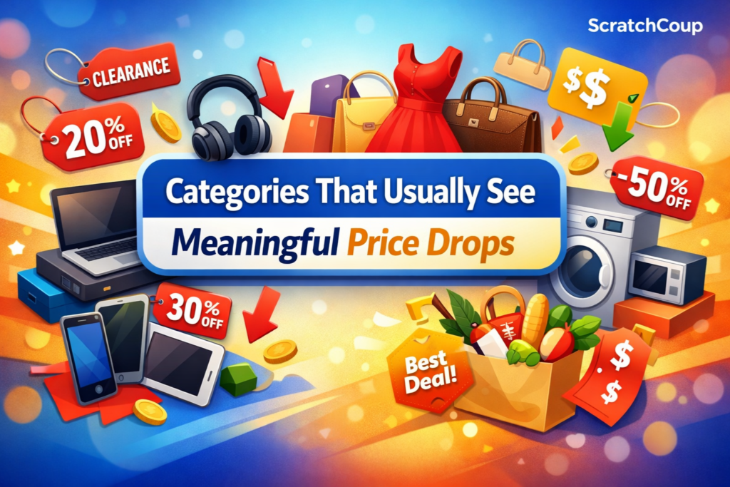 Illustration showing major shopping categories like electronics, fashion, home appliances, mobiles, and groceries with price drop icons, discount tags, and downward arrows, representing categories that usually see meaningful price drops.