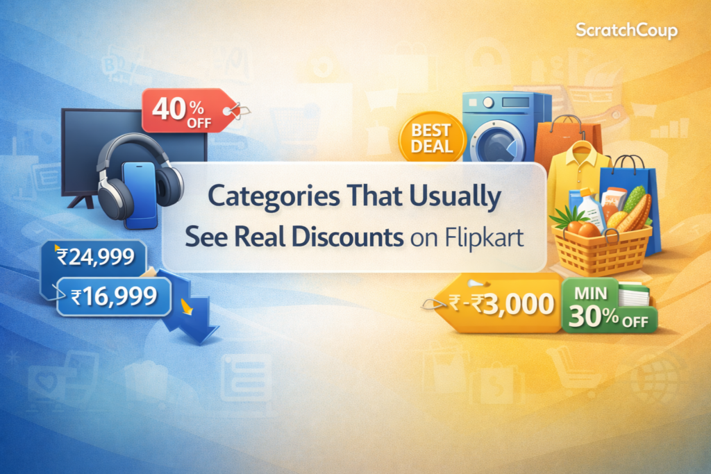 “Blog feature image showing real Flipkart discounts across categories like electronics, mobiles, fashion, home appliances, and groceries with bold percentage-off tags, price drop arrows, and deal badges.”