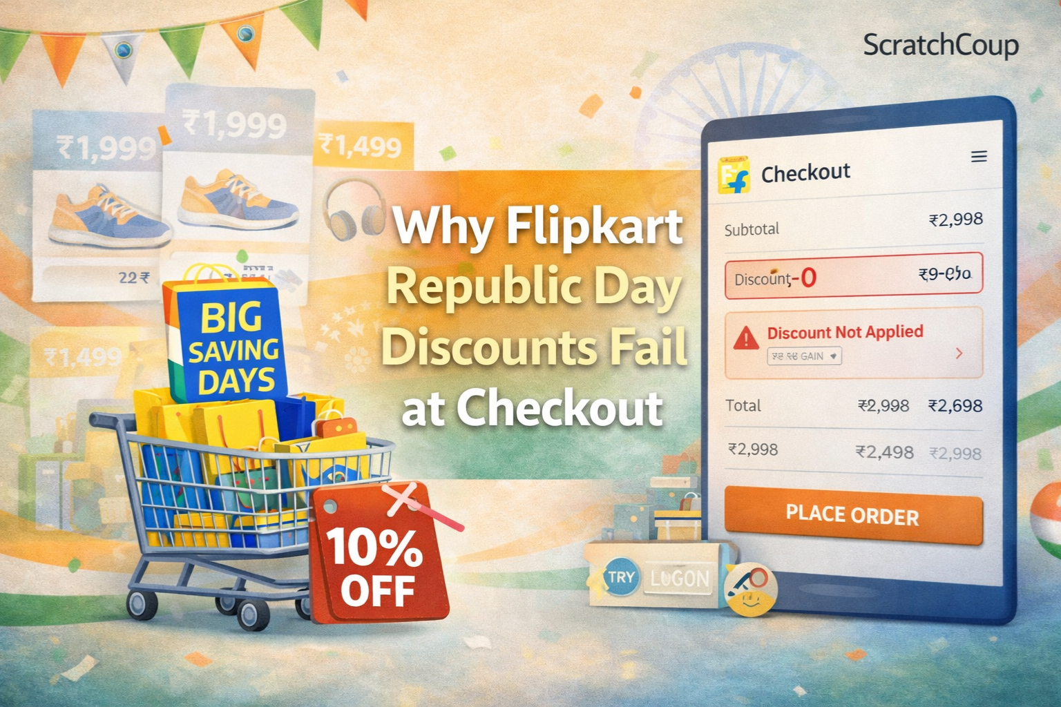 Flipkart Republic Day Sale checkout screen showing discount not applied, crossed-out coupon, shopping cart, and festive tricolor design