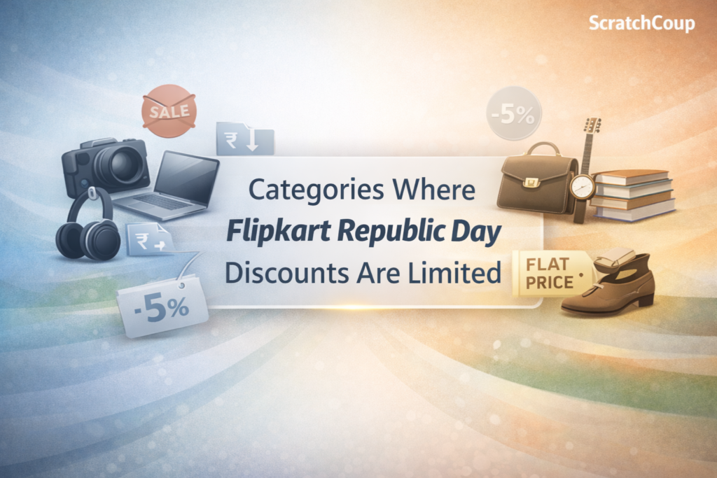 Illustration showing categories with limited Flipkart Republic Day discounts, featuring premium electronics, luxury fashion, books, and niche products with small discount tags, muted price labels, and a clean comparison-style layout