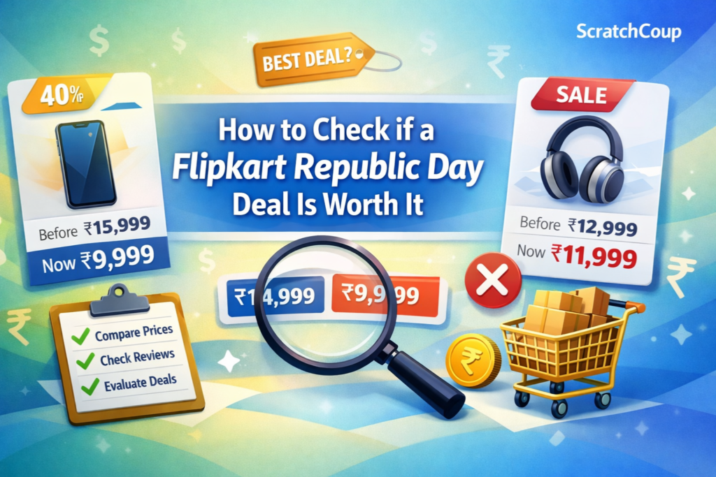 Smart comparison of Flipkart Republic Day sale deals showing price comparison cards, before and after prices, checkmarks and crosses, magnifying glass over discounts, and shopping cart icons illustrating how to verify if a deal is worth it