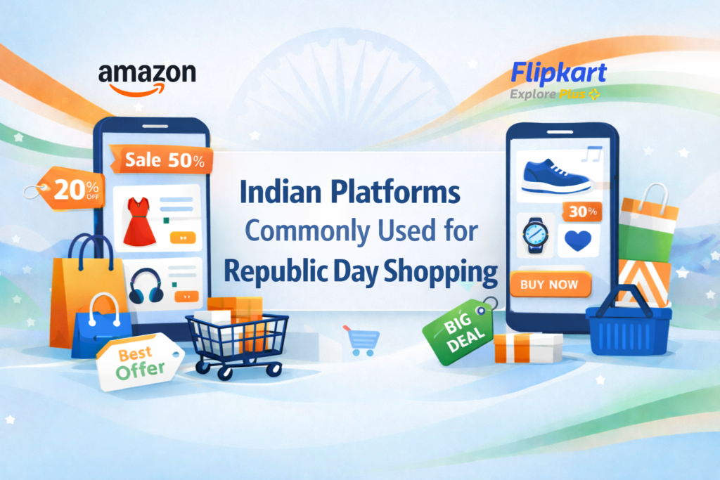 Illustration showing Indian online shopping platforms with Republic Day sale elements, mobile shopping apps, discount tags, shopping carts, and tricolor accents highlighting Republic Day shopping in India