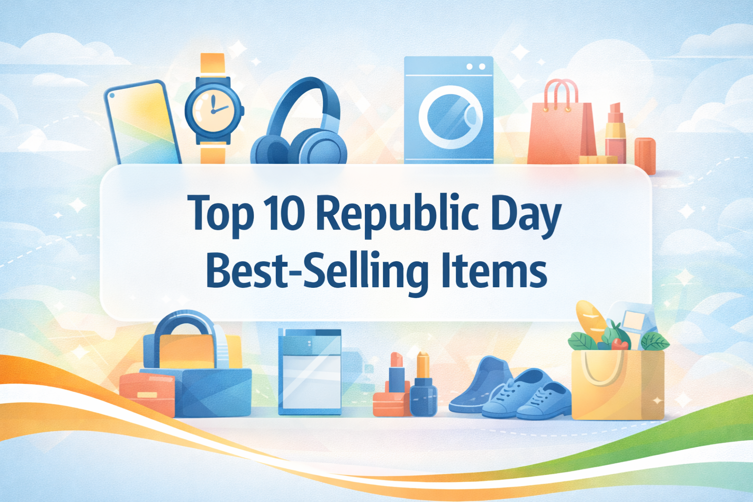 Illustration of top Republic Day best-selling items including electronics, fashion, appliances, beauty products, and daily essentials with subtle Indian tricolor accents