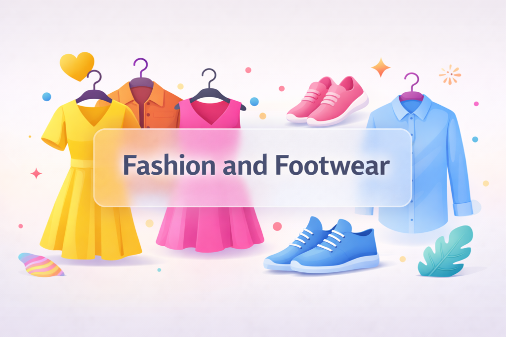 Colorful fashion and footwear illustration featuring dresses, shirts, jackets, and casual shoes in a modern, stylish layout