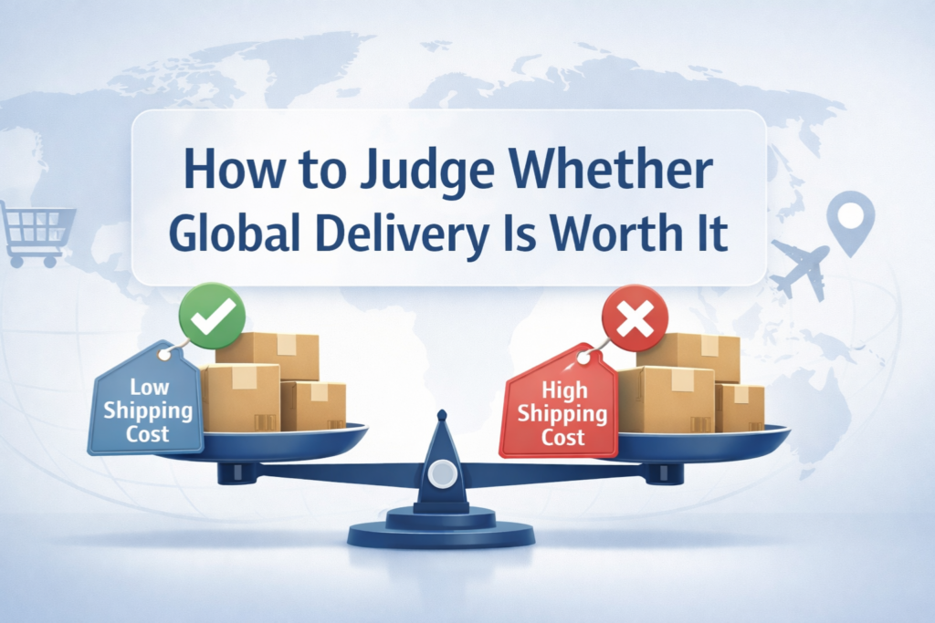 Illustration showing a balance scale comparing low and high global shipping costs with delivery boxes, price tags, and a globe, explaining how to judge whether global delivery is worth it.
