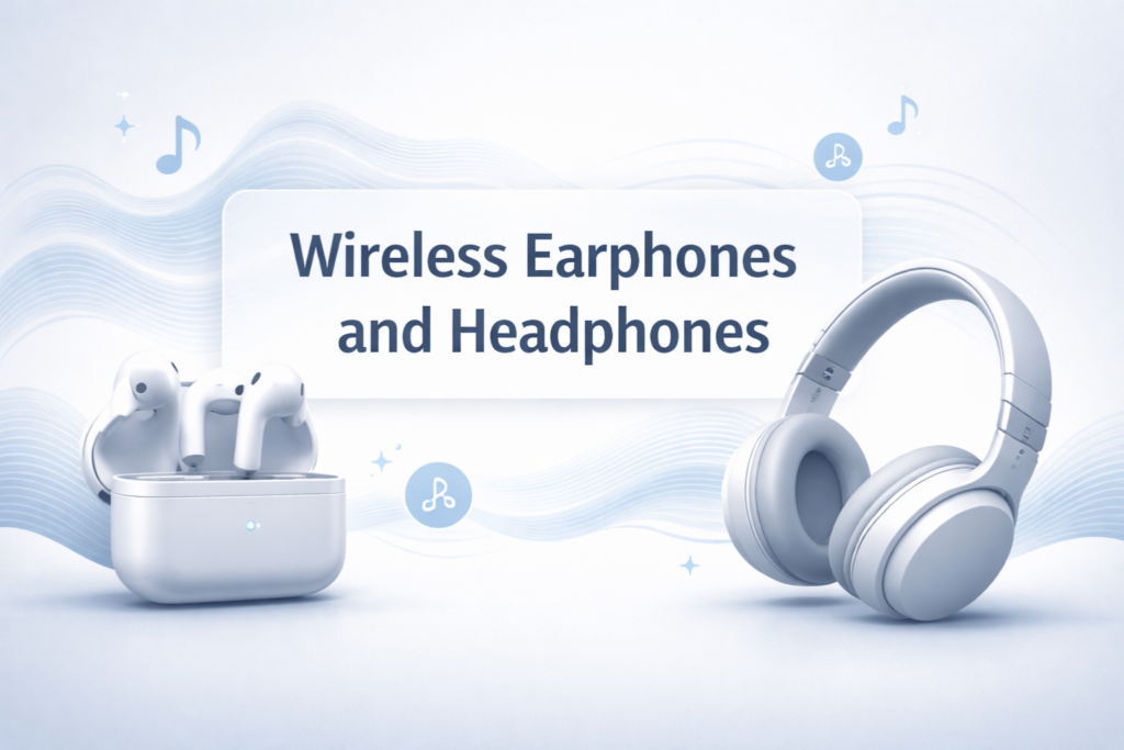 Blog header image showing wireless earbuds and over-ear headphones with sound waves and Bluetooth icons, representing wireless earphones and headphones.