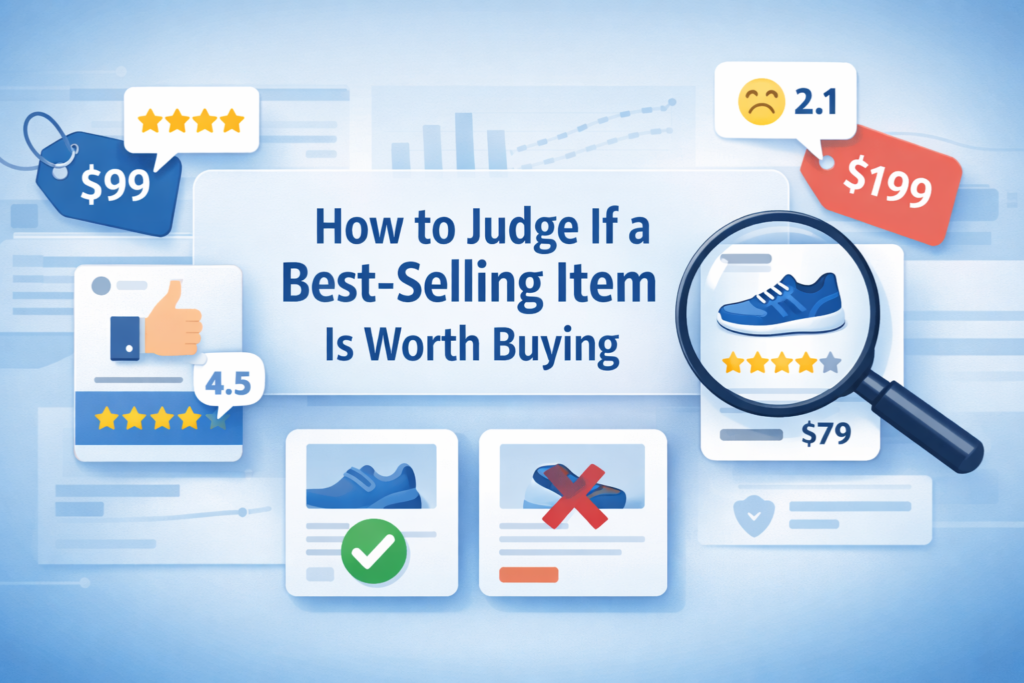 Illustration showing how to judge if a best-selling item is worth buying, featuring product ratings, price comparison cards, checkmark and cross icons, and a magnifying glass highlighting smart shopping decisions.